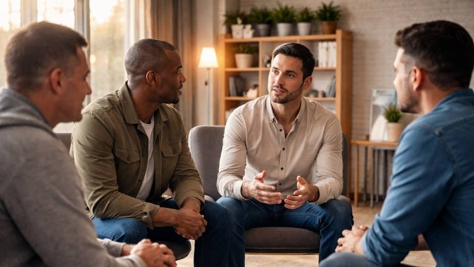 Men in A Group At an Alcohol Rehab Centre in Canada