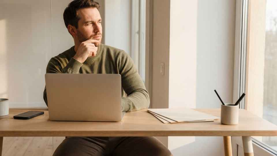 Alcohol Poisoning Symptoms vs Drunk signs, a man thinks of the difference between the two near his laptop and phone.