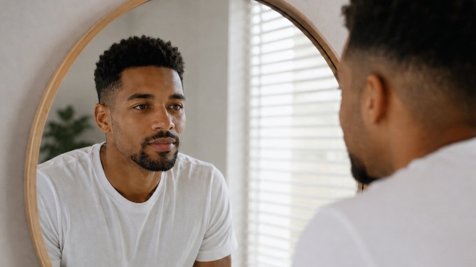 Alcoholic Personality Traits hero image of a man checking his expression in the mirror.