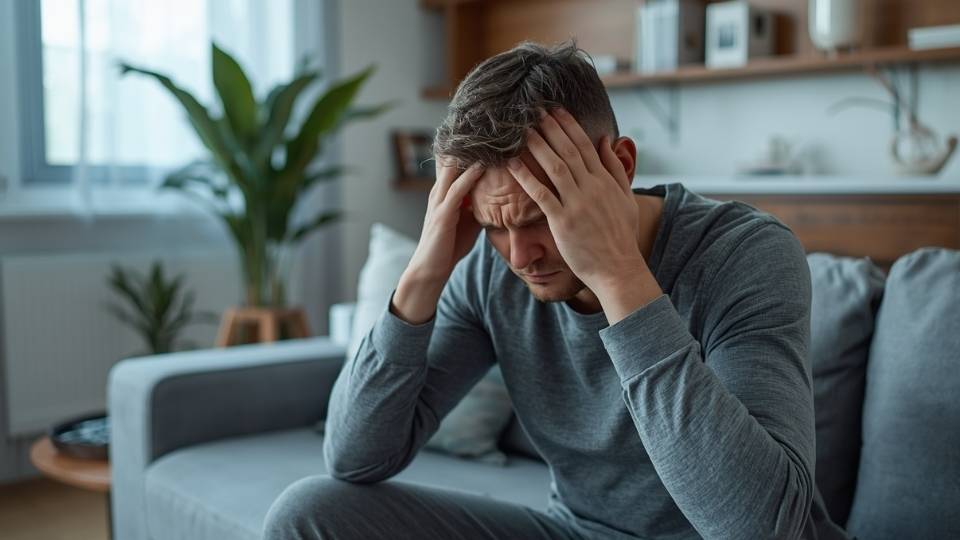 Cocaine Withdrawal Symptoms hero image of a man with a headache.