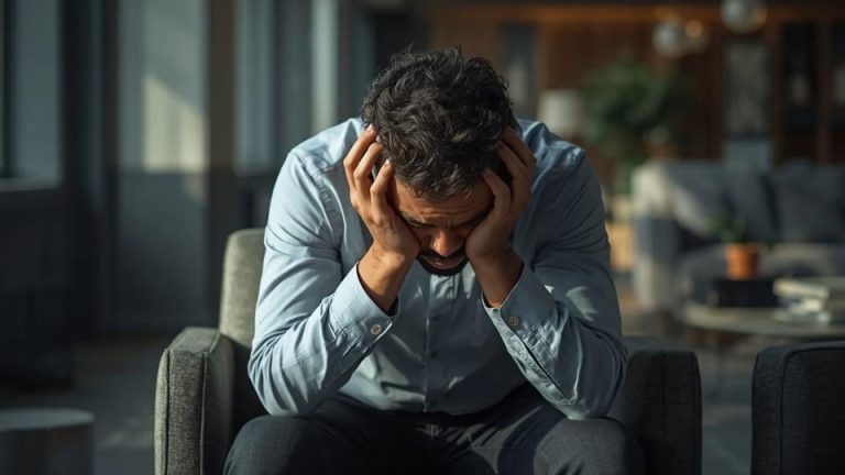 Long-Term Effects of Alcohol on the Body hero image of a man experiencing alcohols long-term effects while looking down.