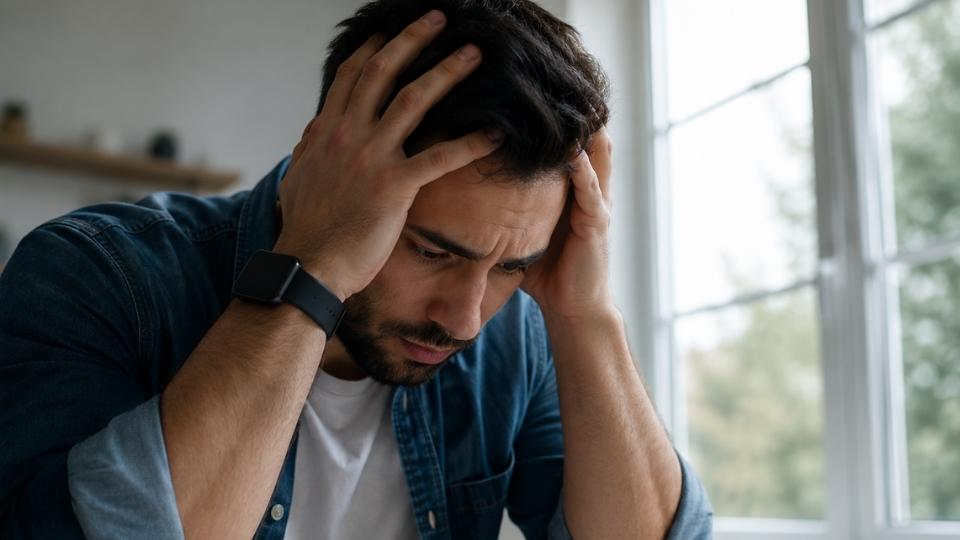 a man suffering from anxiety during dry drunk syndrome.