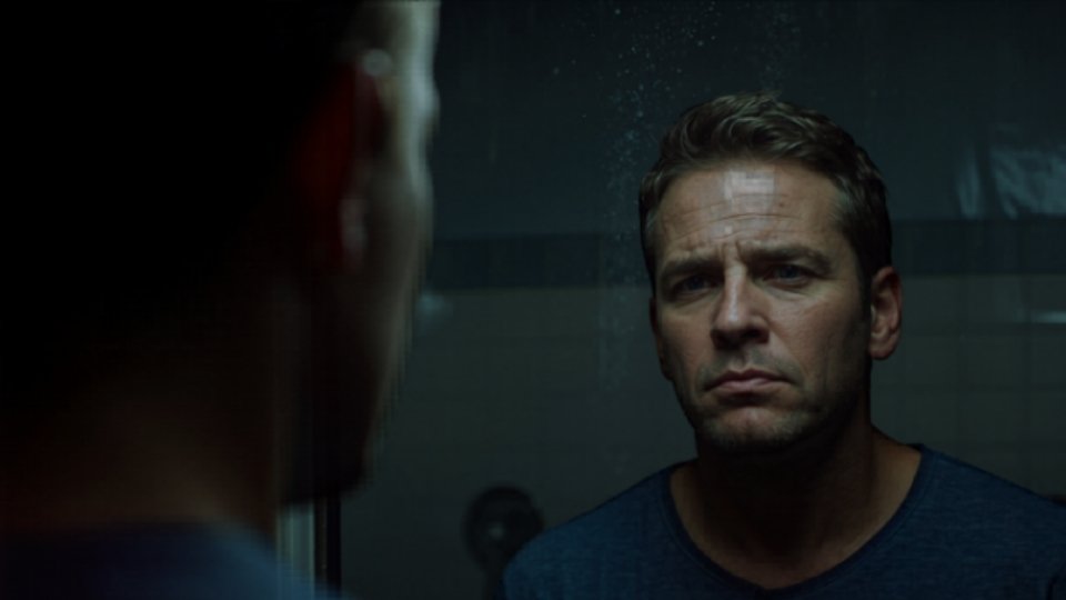 Meth sores hero image of a man staring in a mirror.