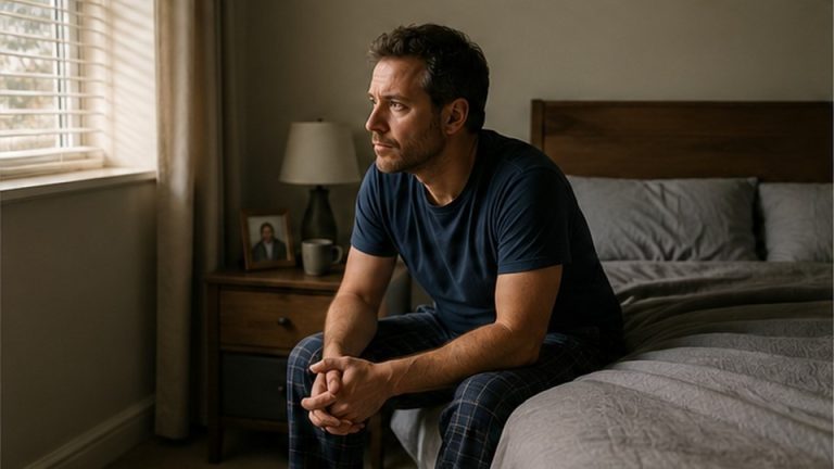 Man sitting on the edge of his bed dealing with situational depression after a life event.