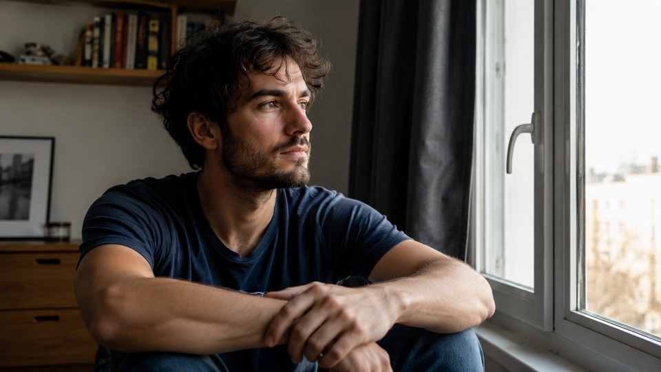 Man reflecting at home the morning after taking molly, thinking about how long MDMA lasts