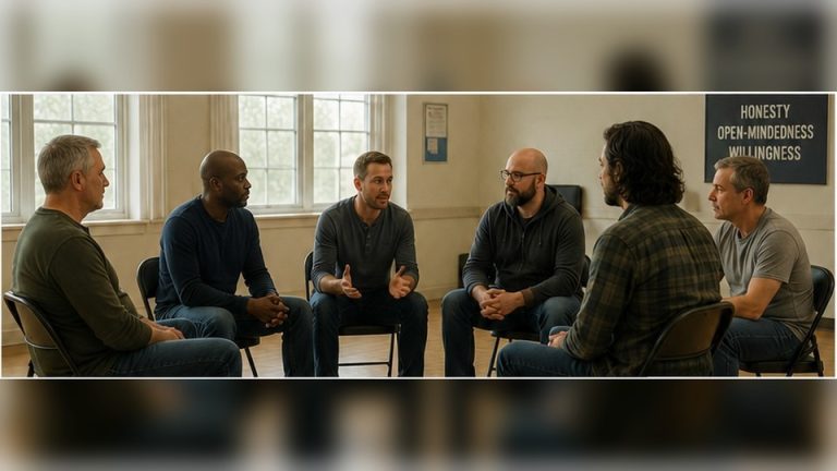 Men in a secular recovery support group meeting, an alternative to 12 step programs.