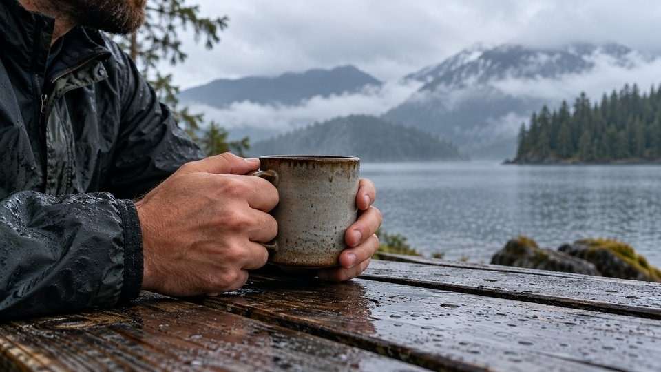 Man's hands holding a coffee mug beside a rainy lake.