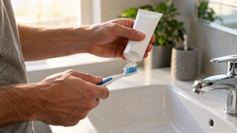 Man's hands holding a toothbrush and toothpaste over a bathroom sink.