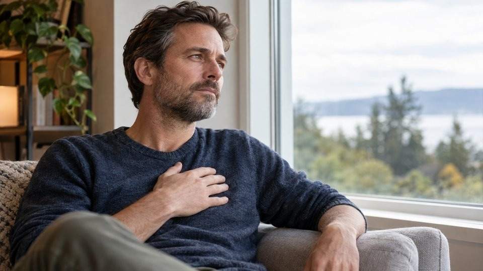 Man resting by a window with a hand on his upper chest.
