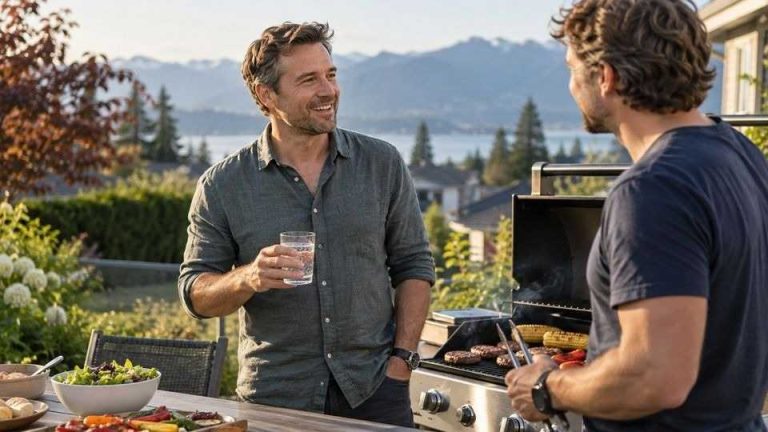Man holding sparkling water while talking with a friend at a barbecue about Cocaethylene.