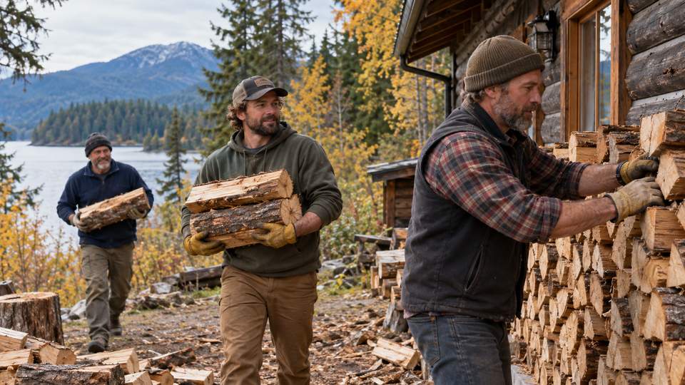 Three men stacking firewood together, illustrating peer support and routine during meth addiction recovery