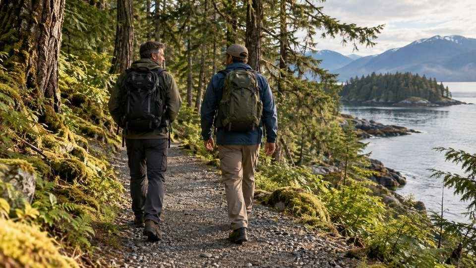Two men walking together on a trail through a coastal forest.